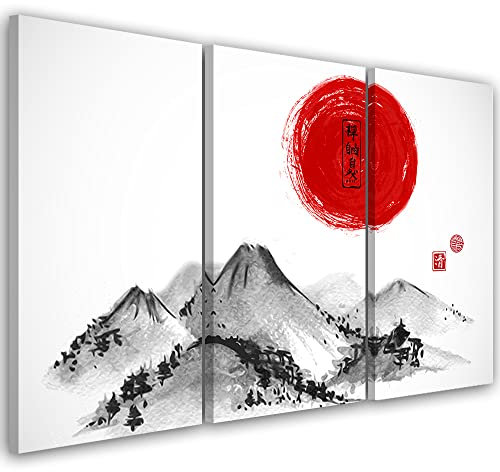 Feeby 3-teilig Vlies Leinwandbild XXL 120x80 cm Japan Rote Sonne Berge Wandbild Kunst Bilder Schlafzimmer Deko Wohnzimmer Osten Orientalisch Kanji Asien schwarz-weiß