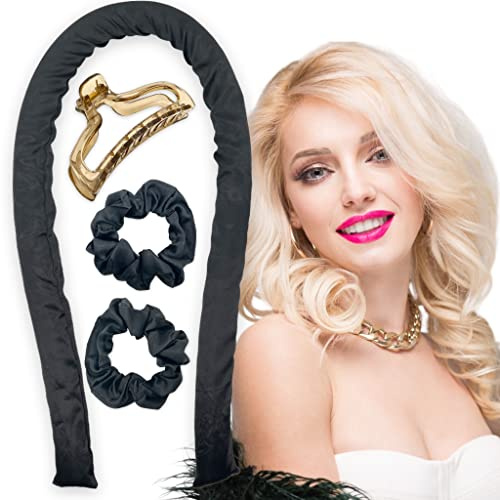 Papillote XXL Bigoudis pour boucles sans chaleur, ensemble avec barrette à cheveux et deux élastiques à cheveux, sans chaleur, sans chaleur, pour cheveux longs et moyens, 100 cm de long Ø 3 cm, noir