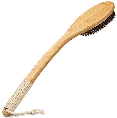 Exun Bamboo Shower Brush with Curved Long Handle, 16.7 Inches, Natural Bristles Exfoliating Scrubber for Men & Women