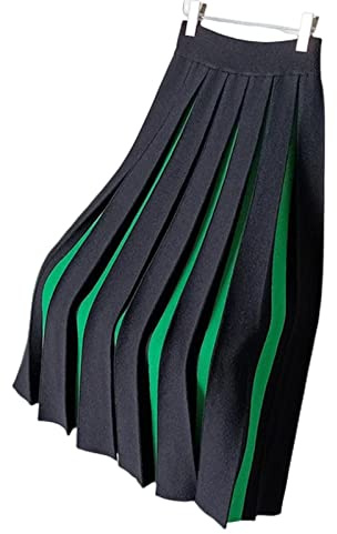 COTCLO Lång kjol damer midi stickad kjol för kvinnor blandade färger veckade långa kjolar kvinna hög midja kjol, gRÖN, XL