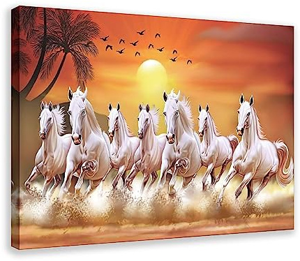 Wanddekoration mit Pferden, 7 glückliche laufende Wildpferde, Wandkunst (8) auf Leinwand, Poster, Wandkunst, Dekordruck, Bild, Gemälde für Wohnzimmer, Schlafzimmer, Dekoration, Rahmen-Stil, 20 x 30 cm