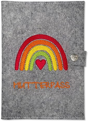 Goldi-Design Mutterpasshülle Regenbogen orange mit extra Fächern und Verschluss aus 100% Wollfilz (grau meliert)