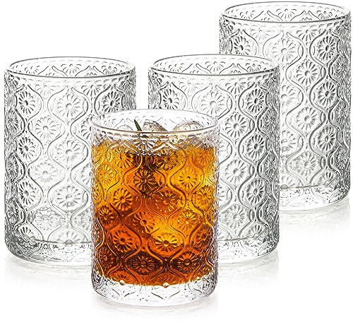 POLIDREAM Vintage Drinking Glasses with Embossed Style Set of 4 Glass Cups, 9oz Cocktail Glasses, Iced Coffee Glass, Elegant Art Deco Ribbed Glassware, Ideal for Whiskey, Gin, Soda, Juice