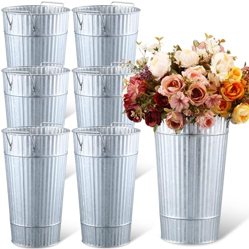 Layhit 6 Pcs 12 Inch Galvanized Flower Buckets Metal Flower Vases with Handle Farmhouse French Bucket Planter Floral Container for Flowers Wedding Bridal Shower Home Table Decor(Retro Steel Color)