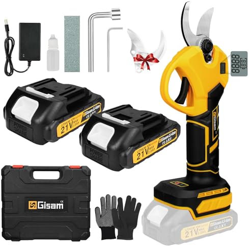 Gisam Forbici a Batteria per Potatura, Forbice Elettriche da 40mm con 2 x 2Ah Batterie Ricaricabili e LCD Schermo, Supporta la Regolazione De Apertura (Giallo)