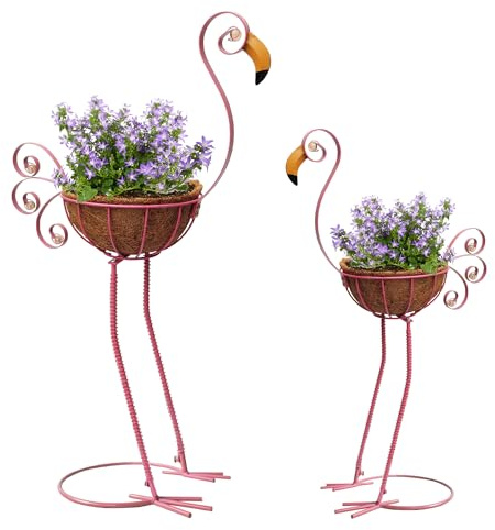COOZZYHOUR Macetero de flamenco de metal con cesta, macetas de pájaros de jardín para interiores y exteriores, césped, patio, porche, patio, decoración de jardín (juego de 2)