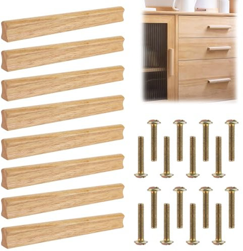 LOLYSIC 8 Stück MöBelgriffe Holz, 190MM Lochabstand Natur Schrankgriffe Holz mit Schrauben, Moderne Schrank Griffe für Schubladen Schrank Bäder Büros Möbel
