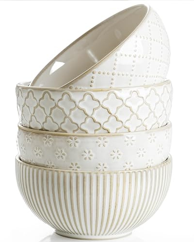 getstar Ceramic Bowl, Small Dessert Bowls Set of 4 with Assorted Embossment (4.5 inch & 10 oz), Farmhouse Vintage Color Bowls for Kitchen