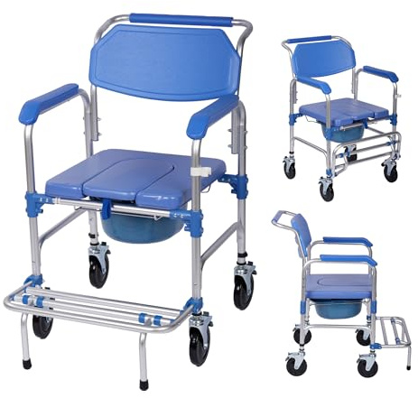 Suuiwau 4-in-1 Bedside Commode Chair With 5 Wheels, 330 lbs Weight Capacity, Shower Wheelchair for Inside Shower, Toilet for Elderly and Disabled, Blue