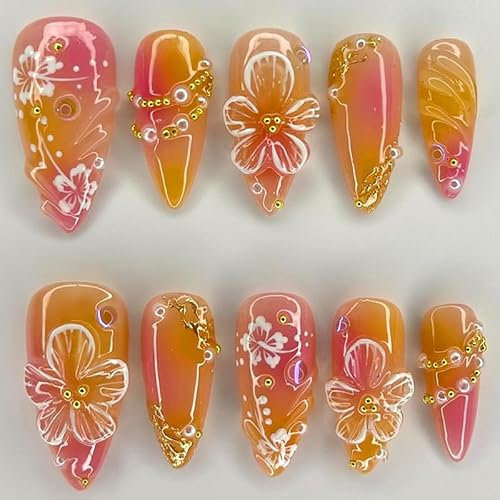 Faux Ongles Court MouyouGlow,Amande Rose Jaune Airbrush 3D Hibiskus Fleurs Flowers Chrome Chains Fairy Perle Sweet Press on Nails avec Colle à Ongles,Printemps Automne Fake Nails