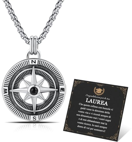 FANCIBAND Regalo Laurea Uomo Ragazzo, Collana Uomo Acciaio Inox 316L con Bussola Laurea Gioielli, Idea Regali Laurea Figlio Fidanzato Amica Maestra Dottoressa Regalo di Laurea per Lui