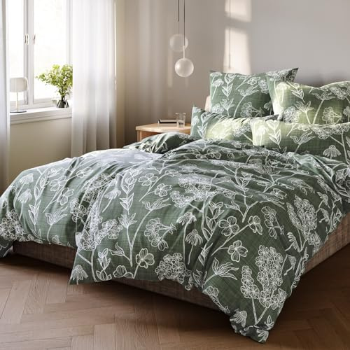 Pure Label Blumen Bettwäsche Set 4tlg 135x200 80x80 grün aus Baumwolle | Waschbar bei 60∘C - Atmungsaktiv für Sommer & Winter - pflegeleicht