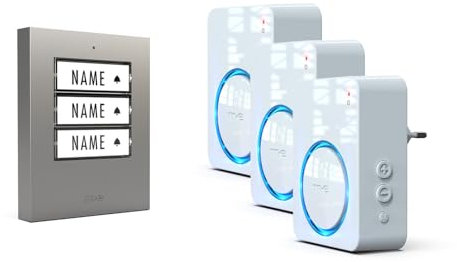 m-e Funkklingel BELL-523 AC Edelstahl gebürstet mit Sender und Empfänger für 3-Familienhaus | Erweiterbare kabellose Türklingel mit 300 Meter Reichweite | Türglocke für Steckdose