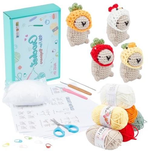 FREEBLOSS 4 Set Häkelset Für Anfänger Häkeln Sie Gemischte Capybaras Mit Video Tutorials Häkel Capybara Set DIY Häkeltiere Häkel Starter Set Für Erwachsene Basteln Stricken Häkel Sets