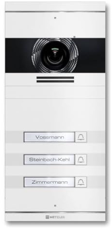 Metzler VDM10 2.0 Video Sprechanlage mit Türöffner (Stromversorgung) & Namensschild - Anschluss 2-Draht - Türsprechanlage mit HD-Kamera, für 3 Familienhaus, in Weiß aus V2A Edelstahl