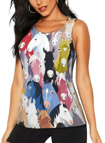 Workout-Tanktops für Damen, bunt, Cartoon-Pferde, gemustert, ärmellose Weste, Shirts für Fitnessstudio, Sport, Yoga, athletisches Laufen, feuchtigkeitsableitende Weste, Schwarz , S