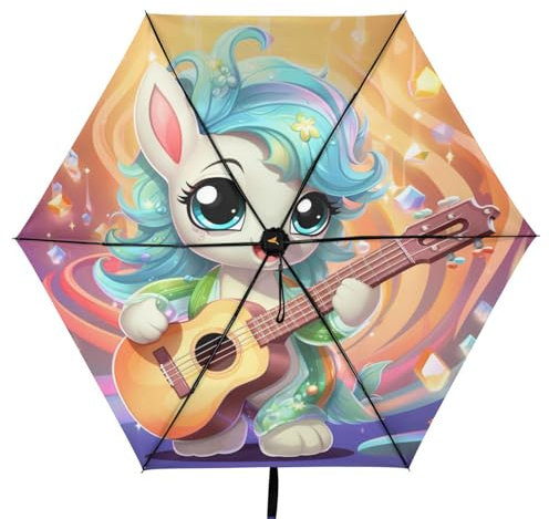 Linnyio Oranges Süßes Cartoon Einhorn Taschenschirm, UV-Schutz, Kompakter Reiseschirm, Sonnenschutz für Jungen und Mädchen