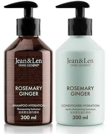 Jean & Len set per la cura dei capelli Rosmarino & Zenzero per capelli secchi e spenti, shampoo e balsamo idratanti in un set, fragranza fresca e speziata, senza parabeni e siliconi, 2 x 300 ml