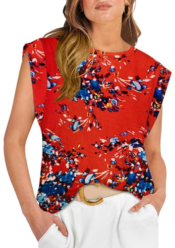 SENBATU Maglietta Canotta Girocollo Senza Maniche da Donna Top Casual Estivi da Donna Floreale Blu Rosso Medium M 38-40