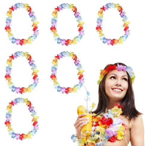 6 Stück Hawaii Ketten,Blumenketten,Hawaii Kette Blumen,Blumenkette,Hawaiiketten,Halskette Aloha Kette Girlande Damen für Geburtstag Poolparty Hawaii Party Deko Hawaiian Beach Kostüm Outfit Accessoire
