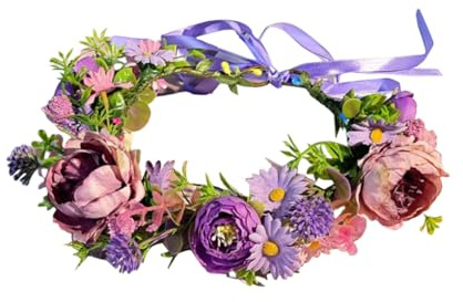 Couronne de fleurs bohème pour cheveux avec ruban réglable pour mariage, anniversaire, festival (violet)