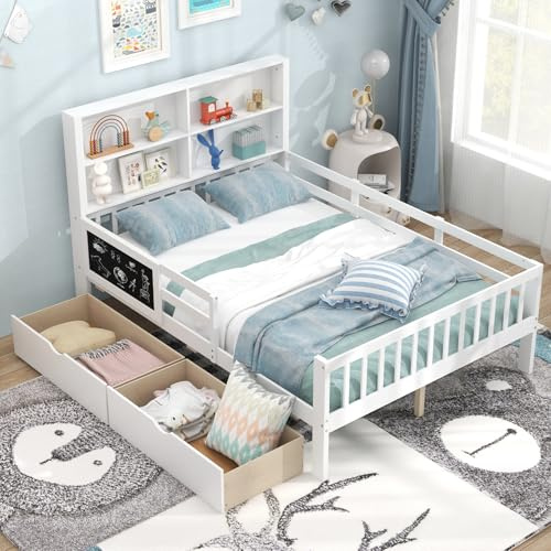 COSTWAY Wooden Kids Bed Frame with 2 Storage Drawers, Bookcase Headboard, Blackboard, Full-Length Guardrails, Double Toddler Floor Bed for Boys Girls (Double)