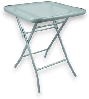 HERSIG - Mesa de Jardin Cuadrada Plegable de Acero y Vidrio Templado - Mesa Exterior Gris 60x60x70 CM - Mesas de Terraza y Jardín Cuadradas - Mesas para Verano Exterior con Cristal Texturizado