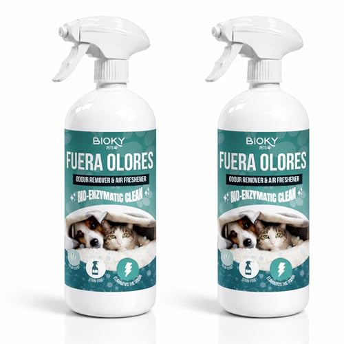 Bioky Fuera Olores 2x1L | Eliminador de Olores Enzimático de Mascotas | Neutraliza y Quita el Mal Olor, Ambientador para Casas con Animales | Alfombras, Textil, Coche, Césped Artificial, Sofá (2L)