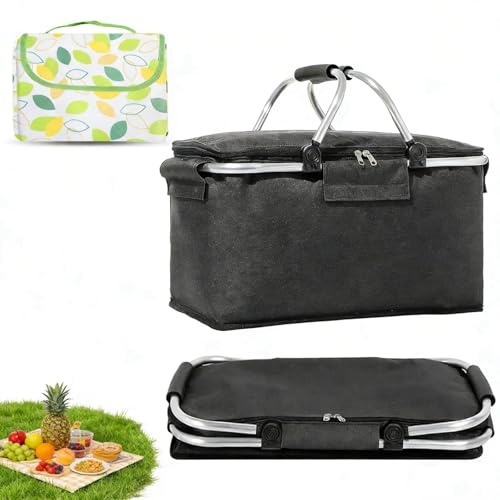 HUANR Faltbarer Einkaufskorb, 18L Oxford-Stoff Thermo Einkaufskorb | mit Griff Einkaufskorb Stabil, Faltbar Stabiler Einkaufskorb, mit Picknicktuch, für Einkaufen, Picknick, Reisen