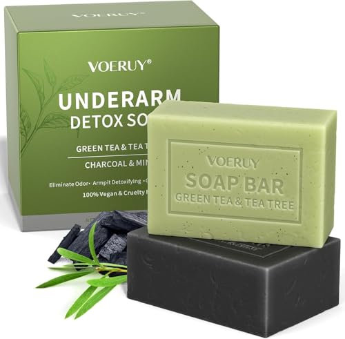 Jabón desintoxicante para axilas, contiene té verde y jabón de carbón activado para eliminar olores, exfoliante, hidratante, barra de jabón para piernas, rodillas, pies, manos y todo el cuerpo, 280 g