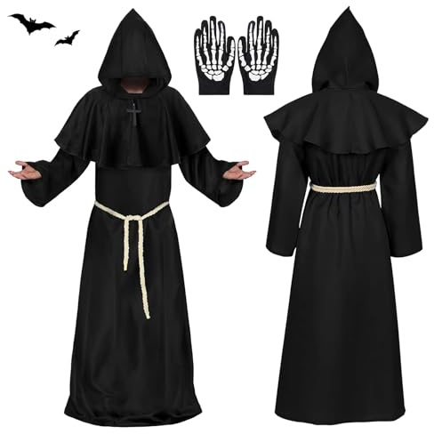 Tccydm Costume da Monaco Medievale Abito Sacerdote,Costume Monaco,monaco costume,costume frate uomo,Con Cappuccio Corda In Vita E Collana A Croce,Costumi carnevale Adulti,per Carnevale Cosplay (XL)