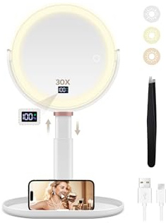 MIYADIVA Makeup Mirror with Lights, 30X/1X Magnifying Mirror with Digital Display, Height Adjustable Desk Mirror, Detachable for Travel, Vanity Mirror with Phone Holders and Tweezers, Gifts for Women