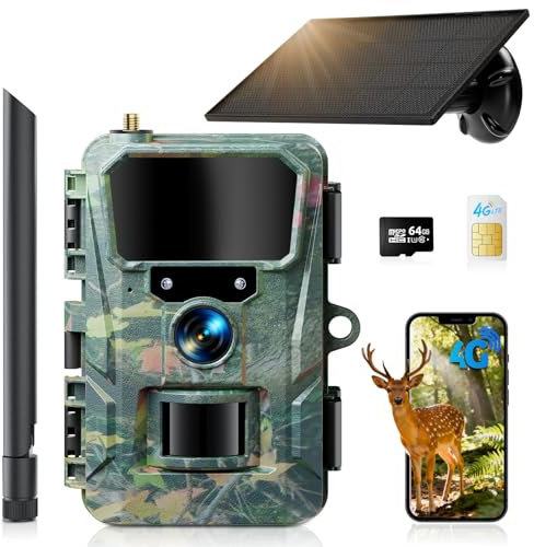 WOLFANG Fototrappola 4G con SIM e 64GB SD, 2K 48MP HD Fotocamera Solare Caccia con Batteria da 5200 mAh, Infrarossi Rilevatore di Movimento Visione Notturna IP66 Impermeabile