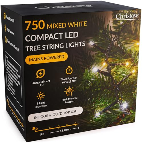 CHRISTOW Christmas Tree Lights, 750 LEDs, Mixed White, Fits 6ft Trees | 18.72m Lit Length, Energy Efficient 3mm LEDs, 2.5cm Bulb Spacing, 8 Flash Modes with Memory, Timer Function, Mains Powered