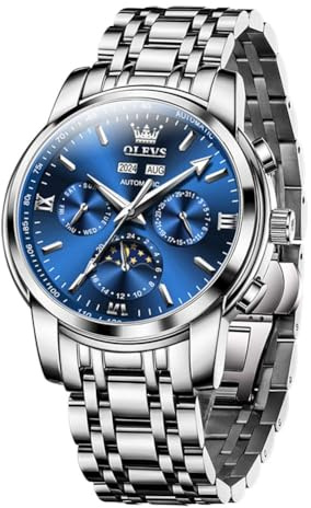 OLEVS Automatikuhren für Herren, Schlaffwind, mechanisch, blaues Zifferblatt, luxuriös, klassische Mondphase, Edelstahl, wasserdicht, leuchtende Armbanduhr