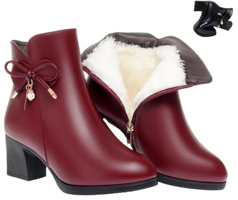 Bottines à talons épais en cuir pour femme, bottes en cuir avec strass étincelants, chaudes, entièrement doublées de fourrure, fermeture éclair latérale, talons hauts, Rouge A, 45 EU