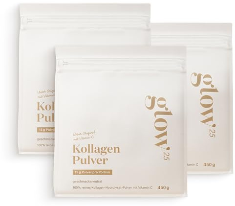 Glow25® Kollagen Pulver [3x450g] – Unser Original – Collagen Hydrolysat mit Vitamin C – Peptide Typ 1 und 3 – Gute Löslichkeit – Neutral