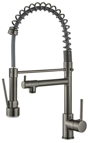 Grifo de cocina, mezclador extraíble de un solo mango, agua fría y caliente, doble salida, 1 agujero, extraíble, acabado gris, diseño moderno, duradero y elegante