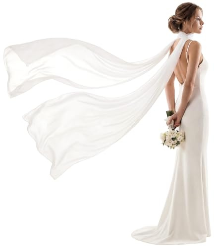 Mepase Ivory White-ankle Bridal Neck Scarf 90''/118''/157'' Wedding Chiffon White Shawl Tulle Bride Neck Shawl for Wedding Evening Ceremony (118 Inches)