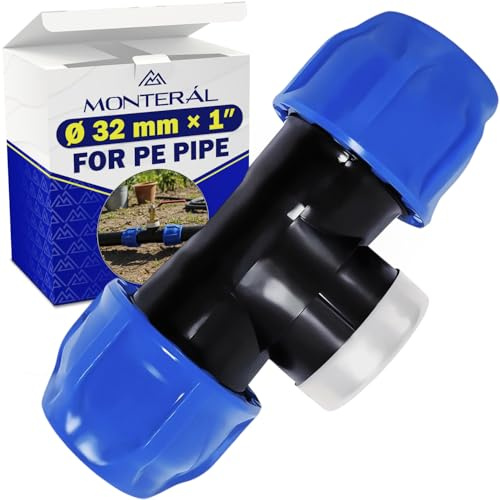 Racor en T Ø 32 mm x 1″ de Codo 90° con Rosca Hembra Reforzada | con Anillo de Acero Galvanizado de Polipropileno PP para Conectar Tubo Polietileno PE - MONTERAL