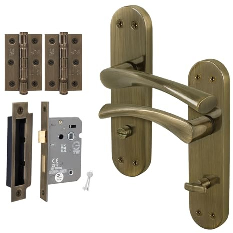 EAI Antique Brass Door Handles with Bathroom Lock 64mm, Hinges - Novoli | Complete Bathroom Kit with 1 Pair of T-Bar Door Handles, 64mm Lock, 76mm Hinges and Thumb Turn Set, Fixings Included