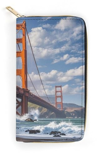 LZQPOEAS Portefeuille Golden Gate Bridge pour homme et femme avec porte-cartes de crédit - Portefeuille long minimaliste en cuir synthétique souple avec fermeture éclair