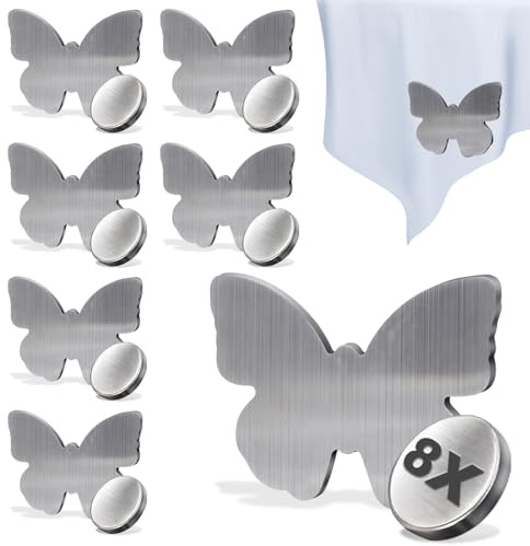FamlTol 8 Stück Tischdeckenbeschwerer Edelstahl magnetisch Schmetterling Design extra stark ca. 45 g pro Stück für Tischdecke Gardinen Tischtuchbeschwerer Stoffbeutel rostfrei Tischdeckenklammern