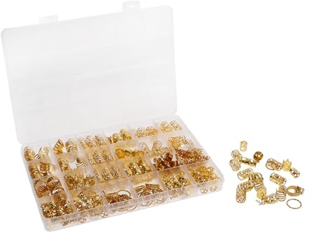 Dreadlock Haarschmuck in Gold aus Zinklegierung 290 Stück | Selbstgemacht mit Hohlem Galvanik Design, für Zöpfe und Flechtfrisuren, Vielseitig Einsetzbar