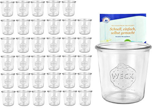 MamboCat 36er Set Weck Gläser 580ml 1/2 Liter Sturzgläser inkl. Gelierzauber Rezeptheft von Diamantzucker I Original Weck Sturzglas ohne Deckel Dessertglas I Einweckgläser für Kuchen Gelees UVM