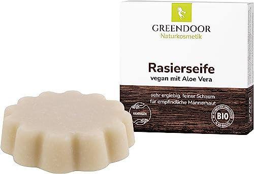 GREENDOOR VEGANE Rasierseife Aloe Vera 80g, cremiger beständiger Schaum, optimale Rasur, Naturkosmetik mit Bio Sheabutter für Herren und Damen, Seife mit extra Pflege, Männer