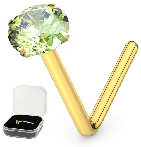 AZARIO LONDON 9K Yellow Gold Nose Stud Claw Set 2.5MM Peridot Green Round Crystal Stone 22 Gauge L Bend Nose Stud Piercing Jewellery