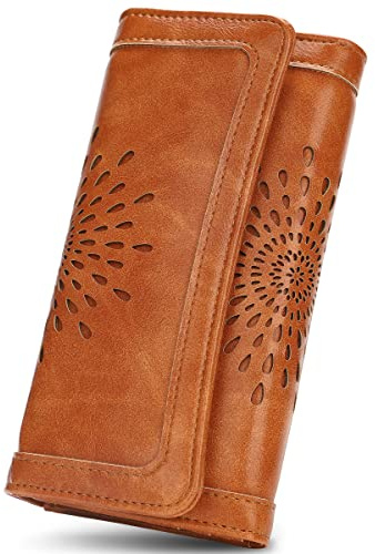 APHISON Ladies Soft PU Leather Long Wallet Trifold Clutch Purse Credit Card Holder Case for Women With Gift Box 2214 (BROWN)