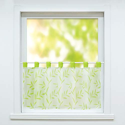 ESLIR Scheibengardine mit Schlaufen Gardinen Küche Bistrogardinen Transparent Stores Vorhänge Mit Blätter-Motiv Voile Grün HxB 30x90cm 1 Stück