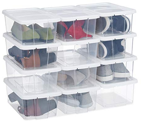 12 x Schuhbox Kunststoff, stapelbar, durchsichtige Aufbewahrungsboxen mit Deckel, HxBxT: 12,5 x20 x 34,5 cm, weiß